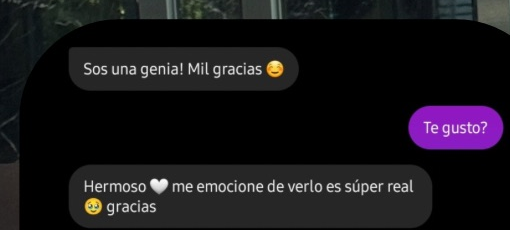 Captura de chat de Instagram: "Sos una genia! Mil gracias. Hermoso, me emocionó verlo, es súper real, gracias"